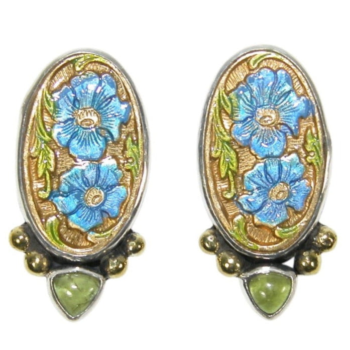 33530C Hand Enameled Blue Flowers with Peridot Sterling Silver Earrings