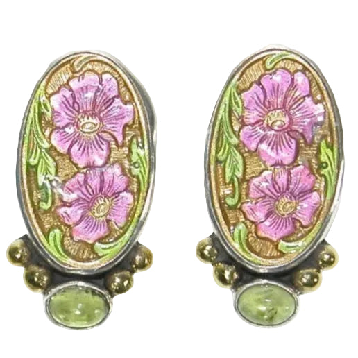 33530B Hand Enameled Pink Flowers with Peridot Post/Clip-On Sterling Silver Earrings