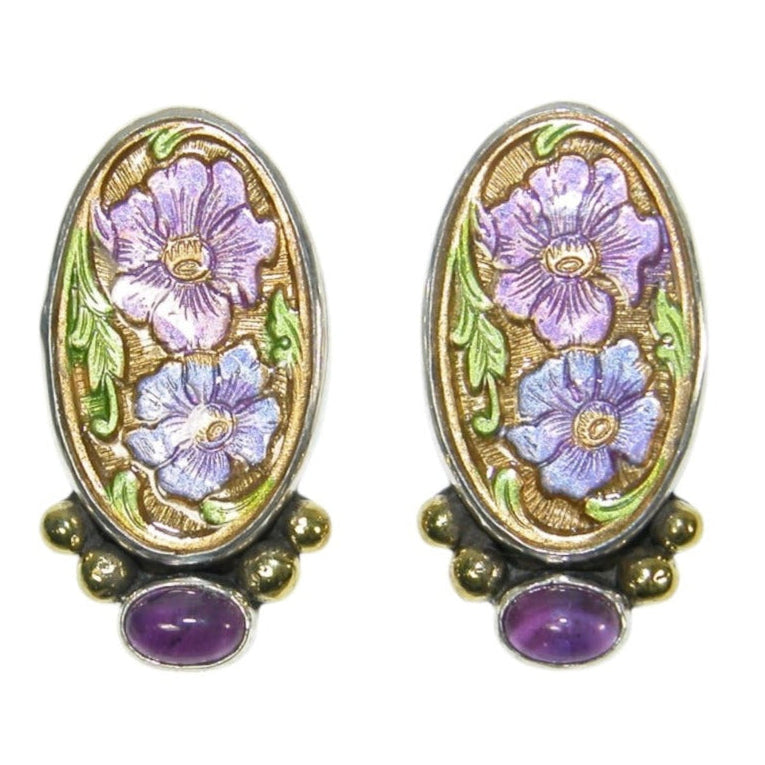 33530C Hand Enameled Purple Flowers with Amethyst Sterling Silver Post/Clip-On Earrings