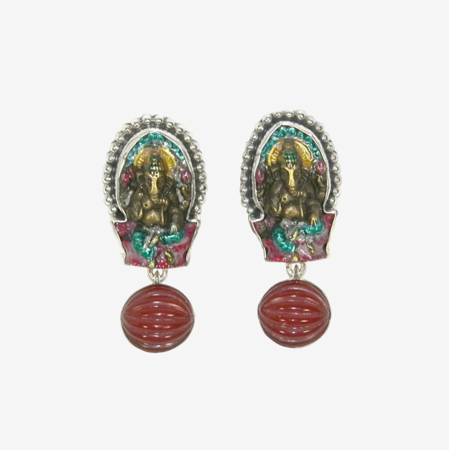 33534 Hand-Enameled Ganesh, Carnelian Sterling Silver Earrings