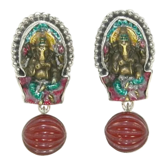33534 Hand-Enameled Ganesh, Carnelian Sterling Silver Earrings