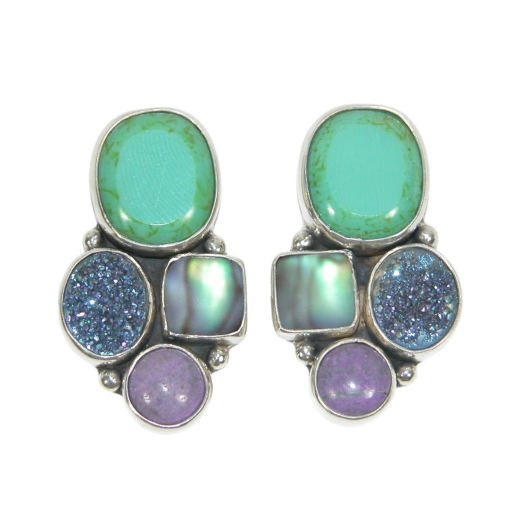 33535 Handmade Glass with Phosphosiderite Cluster Sterling Silver Earrings