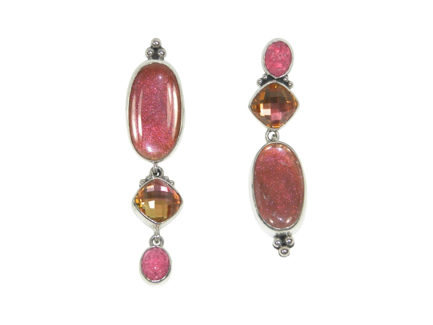 33537 Asymmetrical Scarab and Celestial Quartz Sterling Silver Post/Clip-On Earrings