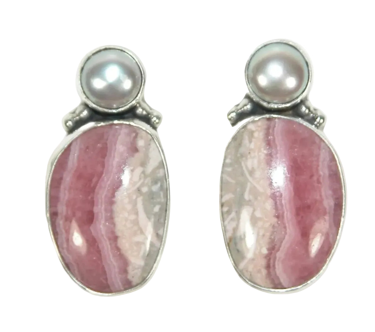 33538 Rhodochrosite, Freshwater Pearl, Sterling Silver Earrings