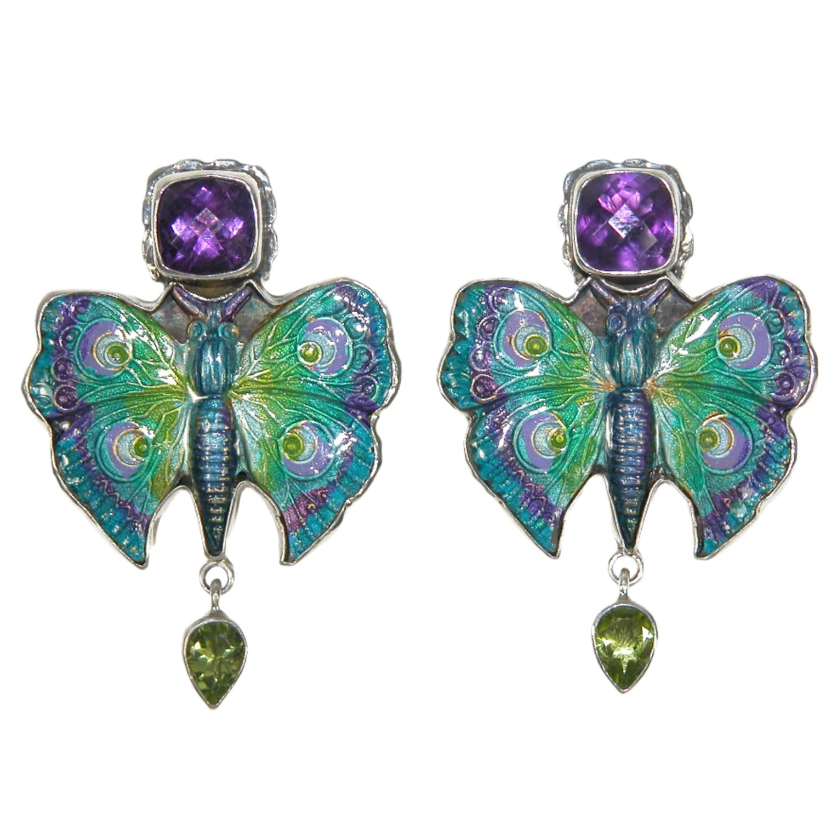 33539B Hand Enameled Butterfly with Phosphosidierite and Amethyst Post/Clip-On Earrings