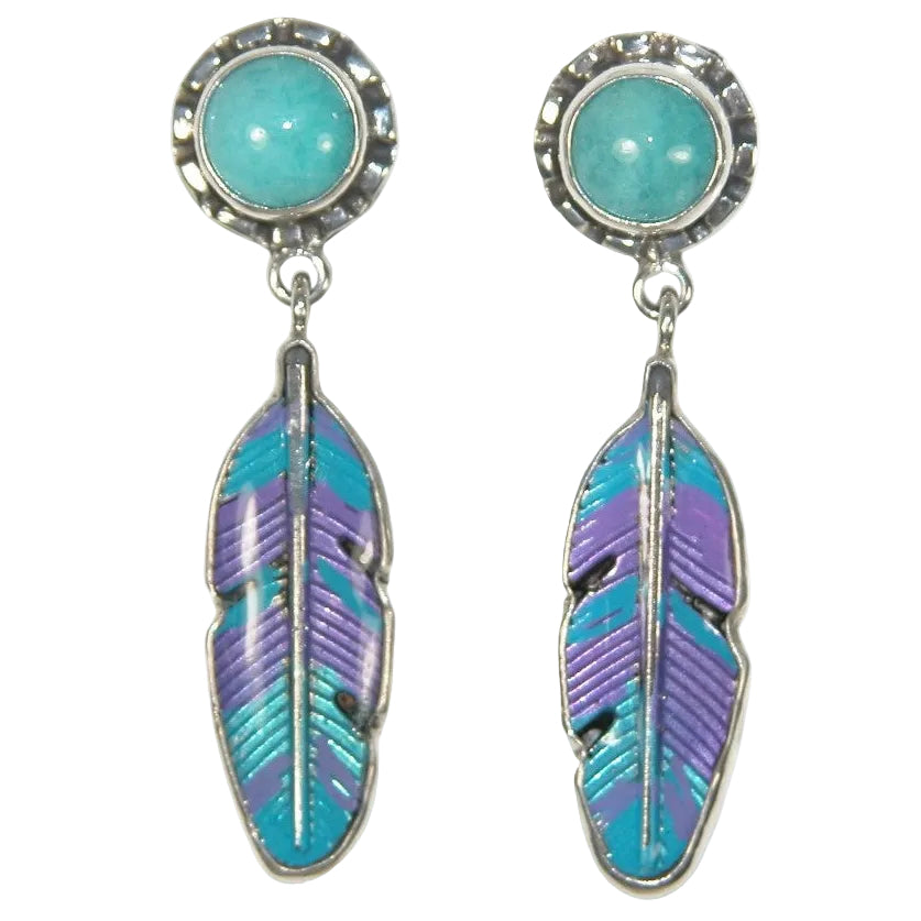 33540 Amazonite, Hand-Enameled Feather, Sterling Silver Earrings
