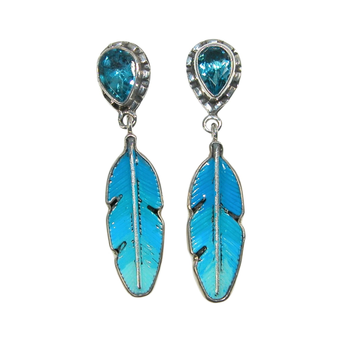 33540B Hand Enameled Blue Feather Aquamarine Sterling Silver Earrings