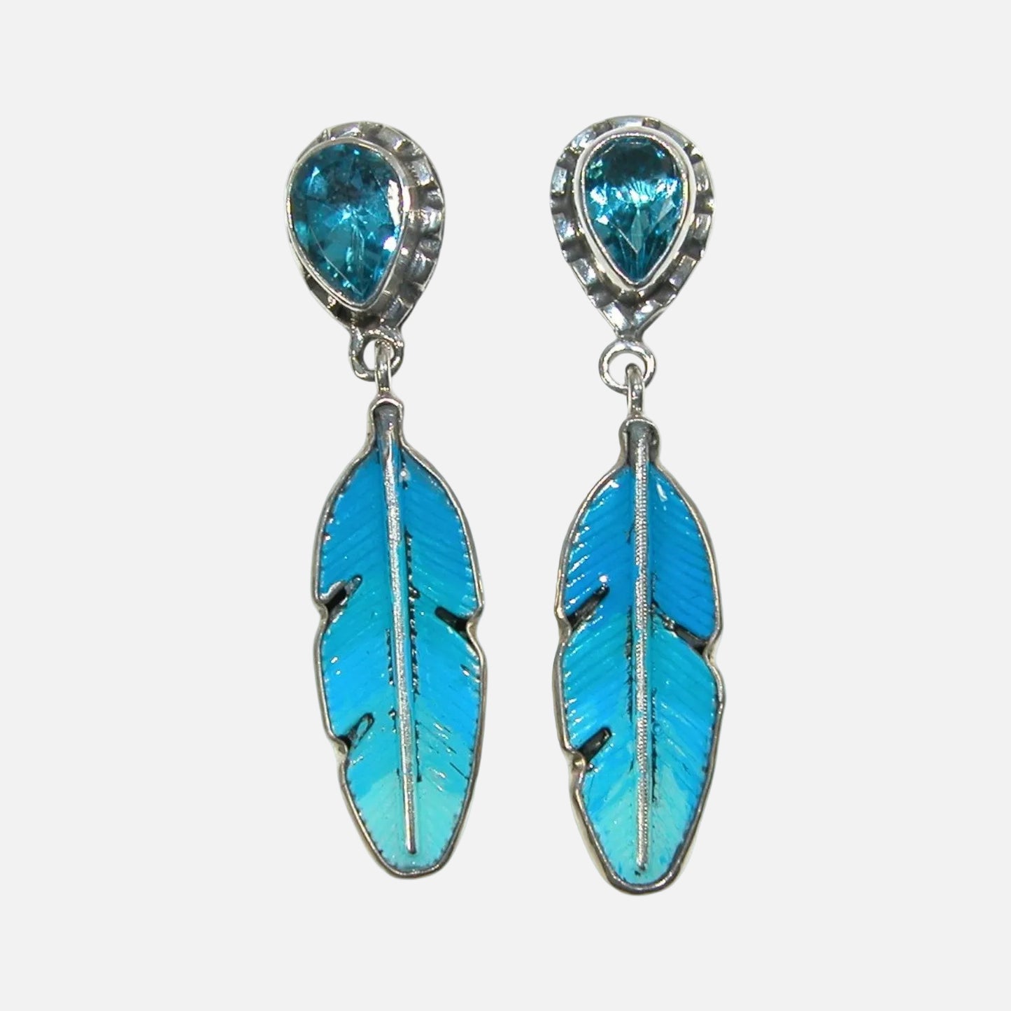 33540B Hand Enameled Blue Feather, Aquamarine, Sterling Silver Earrings