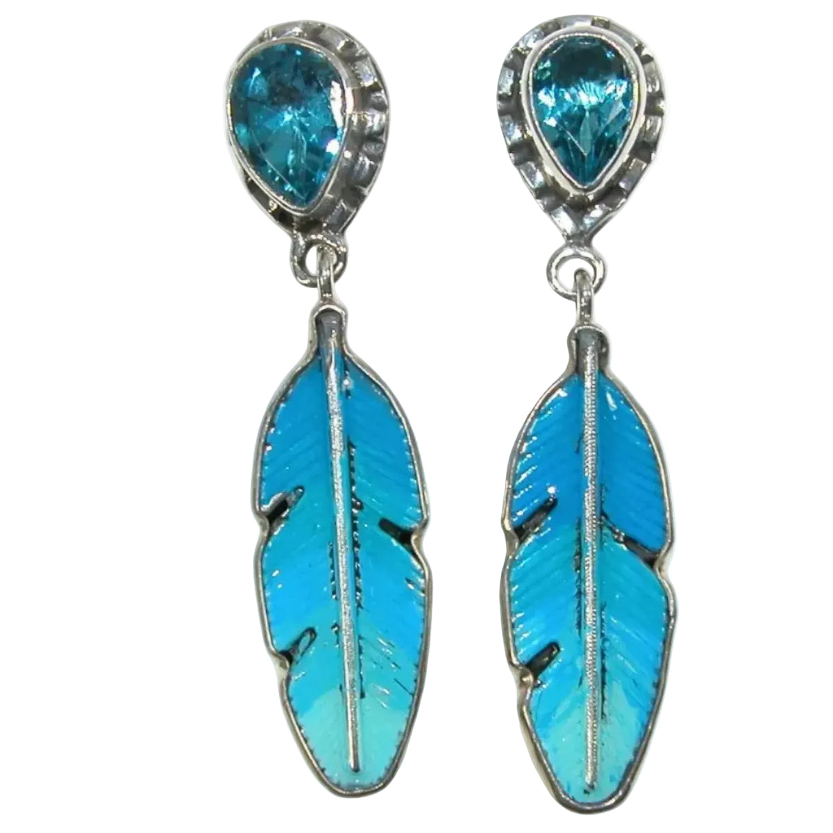 33540B Hand Enameled Blue Feather, Aquamarine, Sterling Silver Earrings
