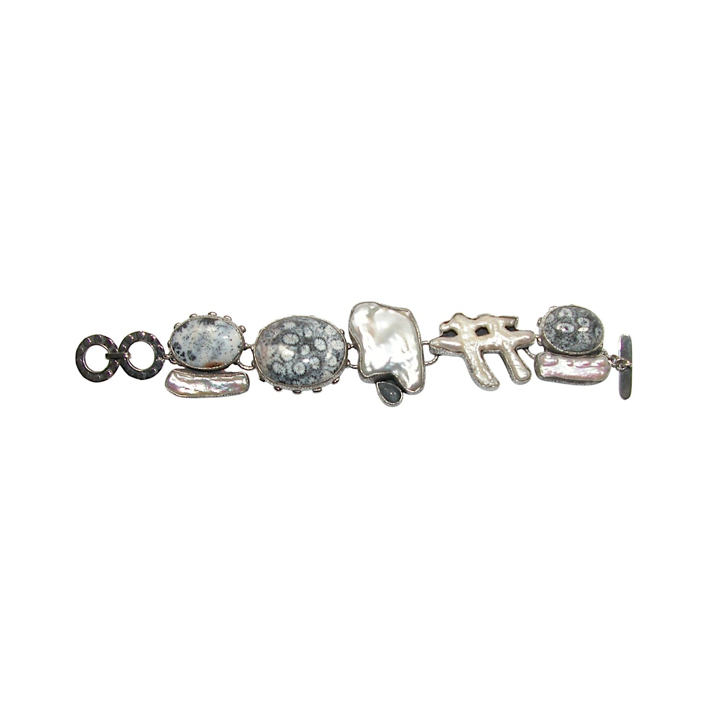 Fossil Coral, Agate, Freshwater Pearl Sterling Silver Bracelet