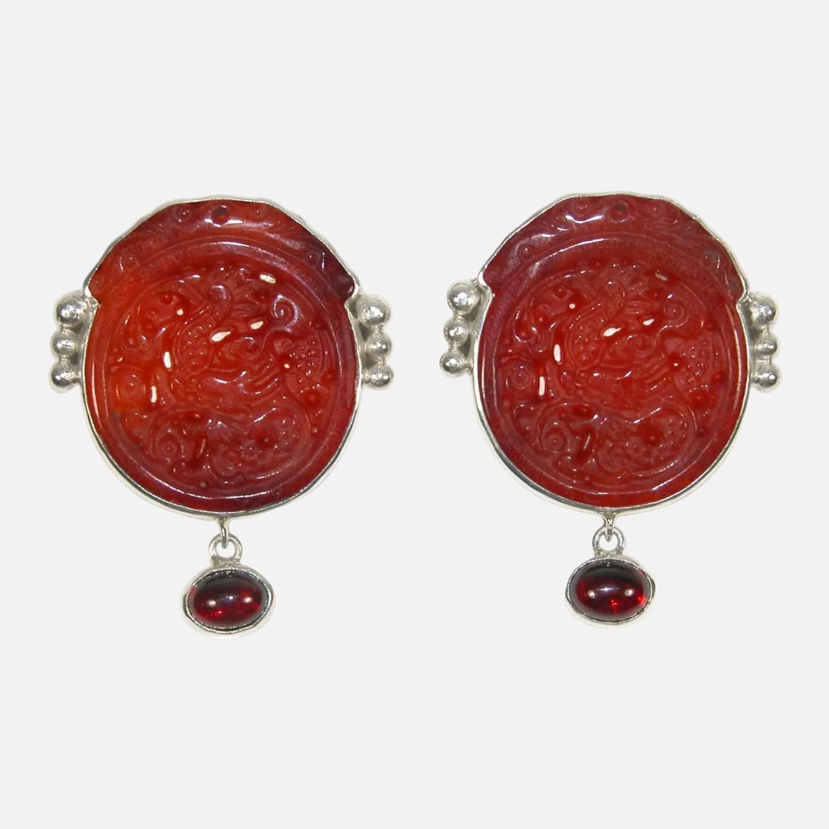 33557 Hand Carved Carnelian Dragon, Garnet Sterling Silver Earrings