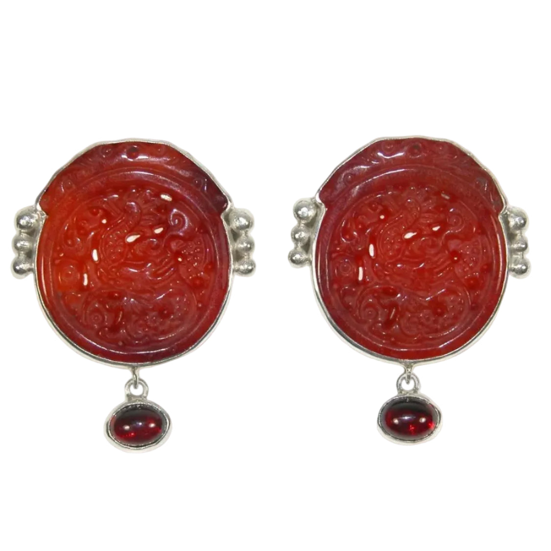 33557 Hand Carved Carnelian Dragon, Garnet Sterling Silver Earrings