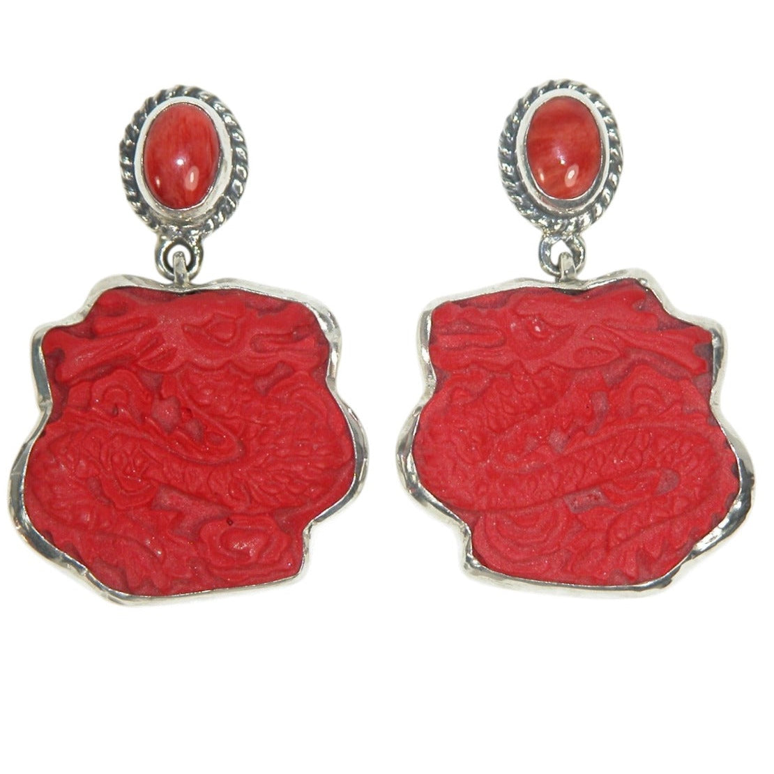 33561 Hand Carved Cinnabar Dragons with Sea Bamboo Sterling Silver Earrings