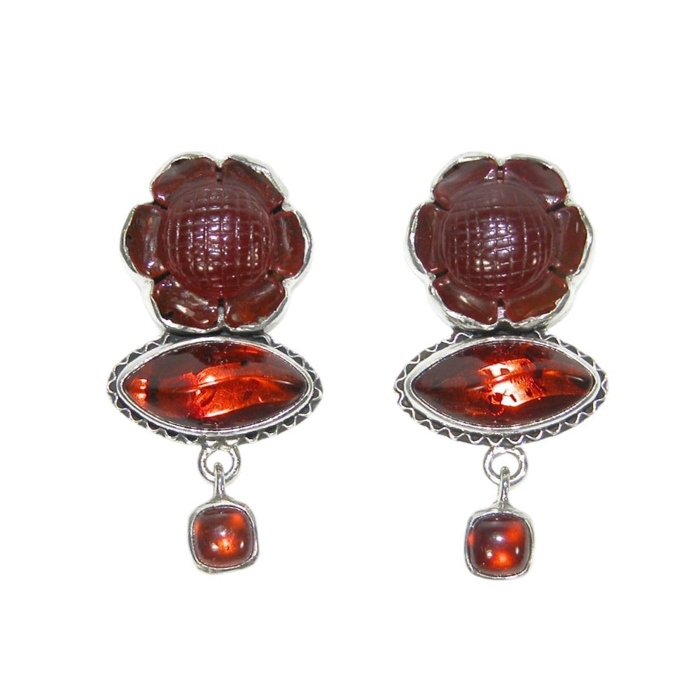 33564 Carved Carnelian Flowers and Baltic Amber Sterling Silver Dangle Earrings