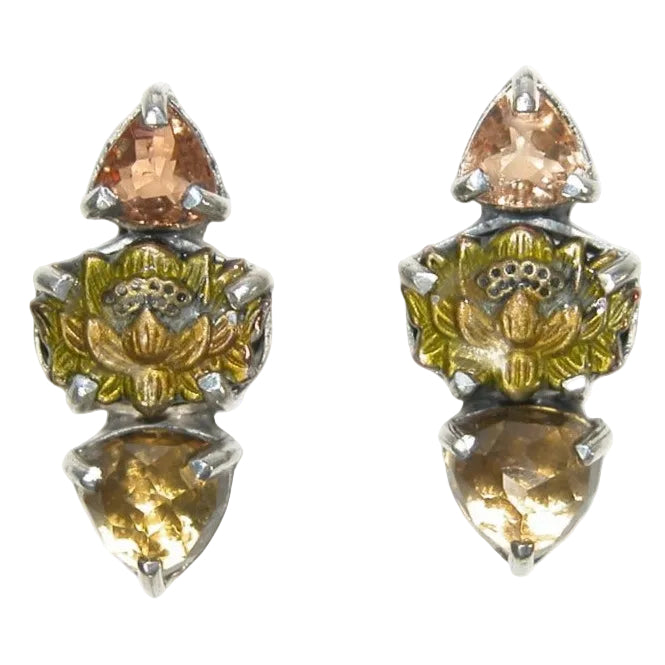 33565 Whiskey Topaz, Citrine, Hand-Enameled Lotus Earrings