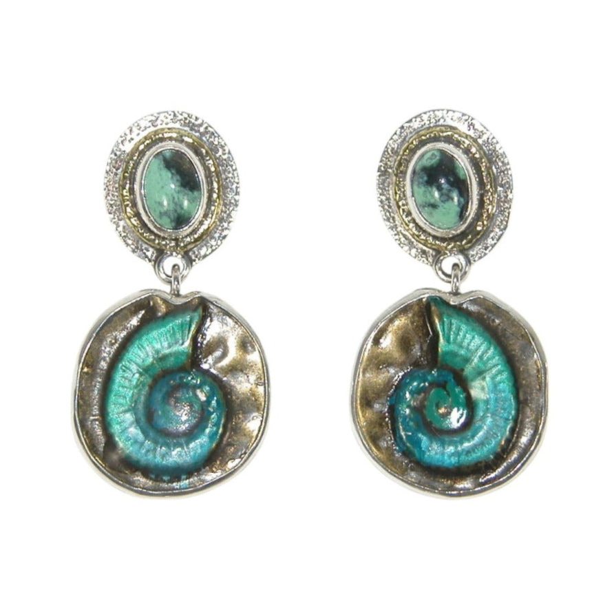 33567 Hand Enameled Sea Shells with Turquoise Sterling Silver Post Earrings