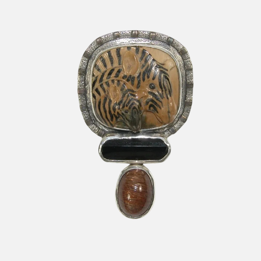 33580 Hand Carved Ivory Zebras Inlaid with Ebony Sterling Silver Pin and Pendant