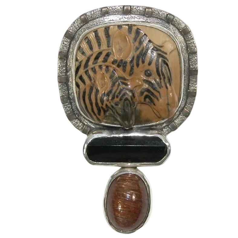 33580 Hand Carved Ivory Zebras Inlaid with Ebony Sterling Silver Pin and Pendant