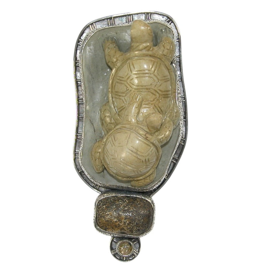 33602 Hand Carved Turtles from Jasper Sterling Silver Pin Pendant