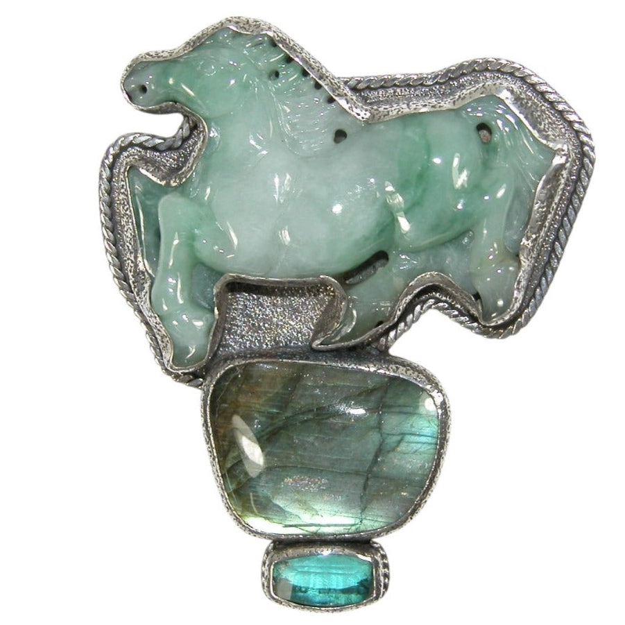 33603 Hand Carved Collectable Jade Horse, Labradorite, Quartz Sterling Silver Pin and Pendant