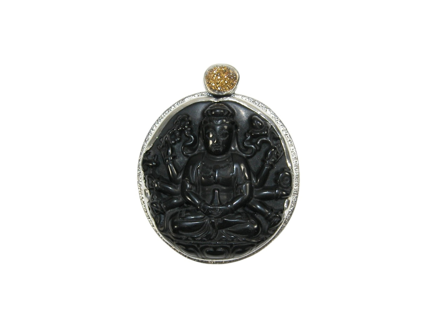 33611 Carved Black Agate Buddha with Brazilian Agate Drusy with 24K Gold Pin and Pendant