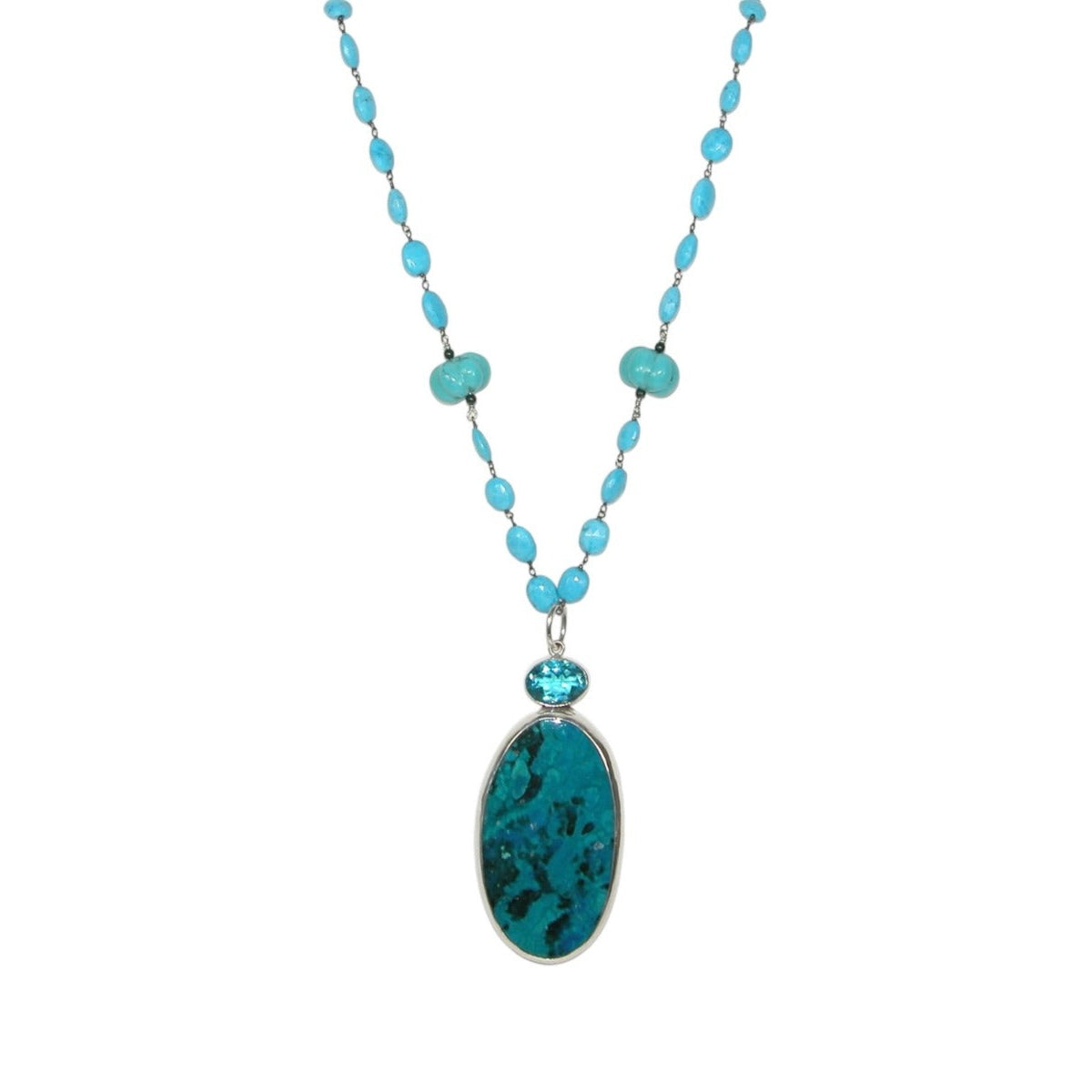 33612 Chrysocolla, Turquoise and Celestial Quartz, Sterling Silver Necklace