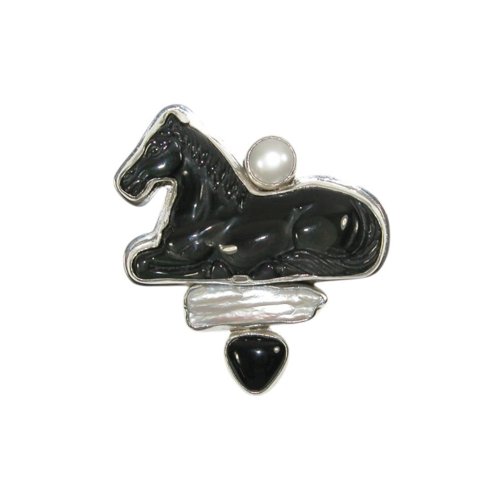 33168 Black Onyx Horse Pin Pendant with Mother of Pearl Pin and Pendant