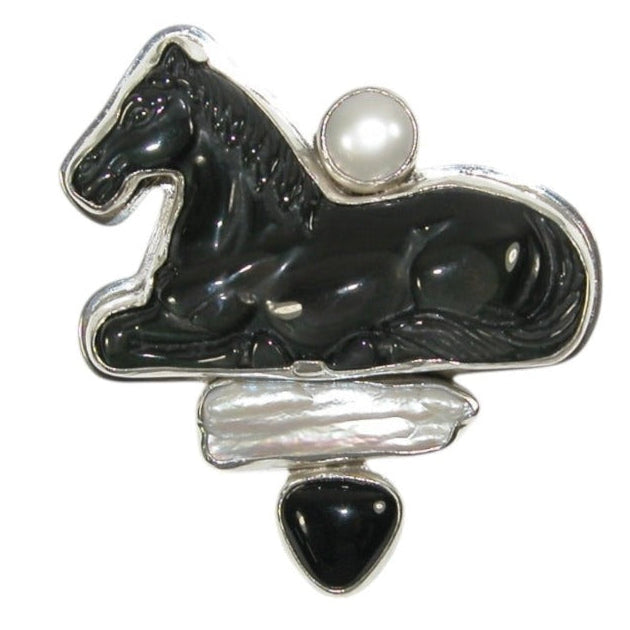 33168 Black Onyx Horse Pin Pendant with Mother of Pearl Pin and Pendant