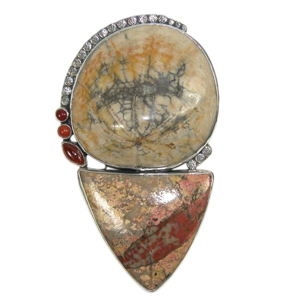 33621 Fossilized Sand Dollar with Jasper, Carnelian Sterling Silver Pin Pendant