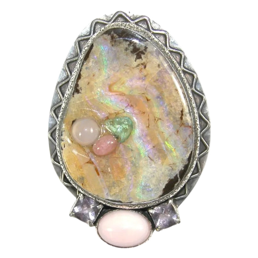 33622 Inlaid Boulder Opal with Quartz, Chalcedony, Rhodonite Sterling Silver Pin and Pendant