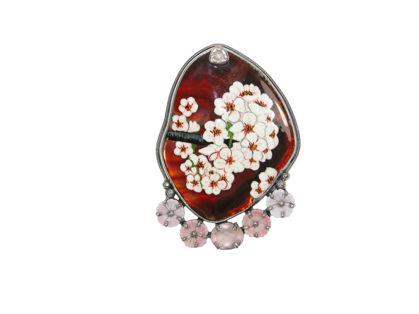Hand Painted Flowers on Agate with Carved Mother of Pearl Flowers Pin Pendant