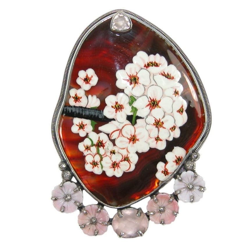 33631 Hand Painted Flowers on Agate with Carved Mother of Pearl Flowers Pin Pendant