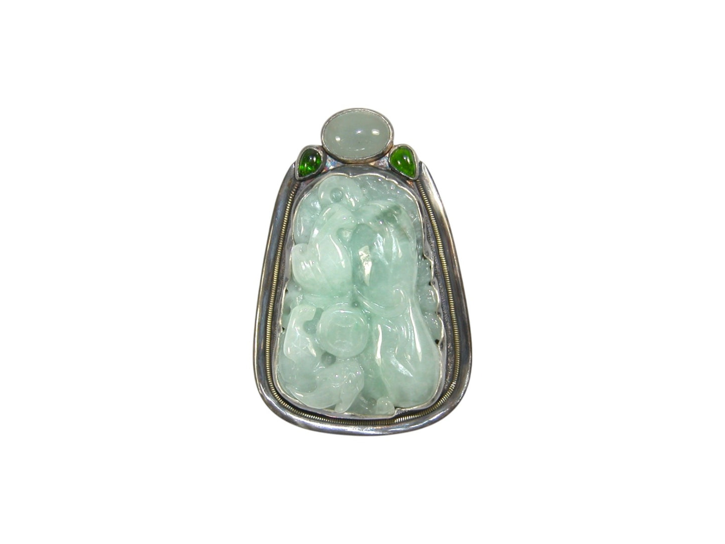 Carved Collector's Jade with Aquamarine and Chrome Diopside Pin and Pendant
