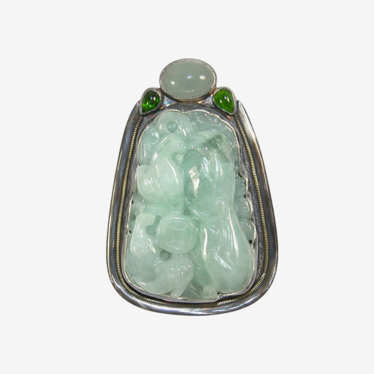 33634 Hand-Carved Jade, Aquamarine, Chrome Diopside Pin / Pendant