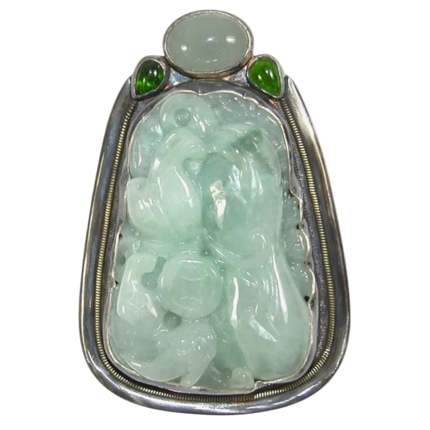 33634 Hand-Carved Jade, Aquamarine, Chrome Diopside Pin / Pendant