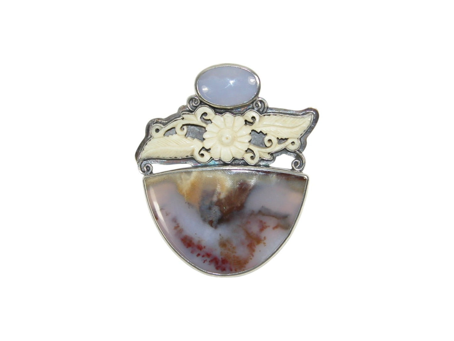 33635 Antique Carved Bone with Chalcedony Sterling Silver Pin Pendant