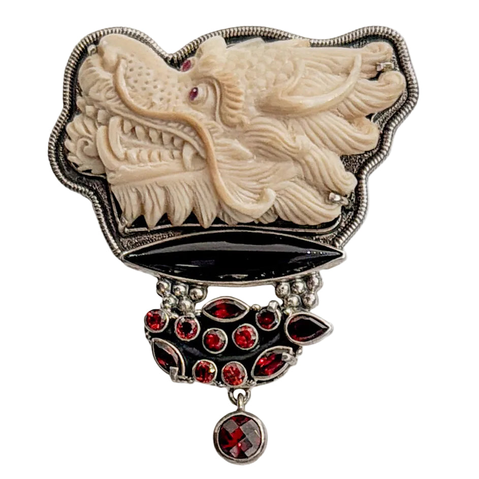 33639 Hand-Carved Fossil, Ruby Eyed Dragon Pin / Pendant