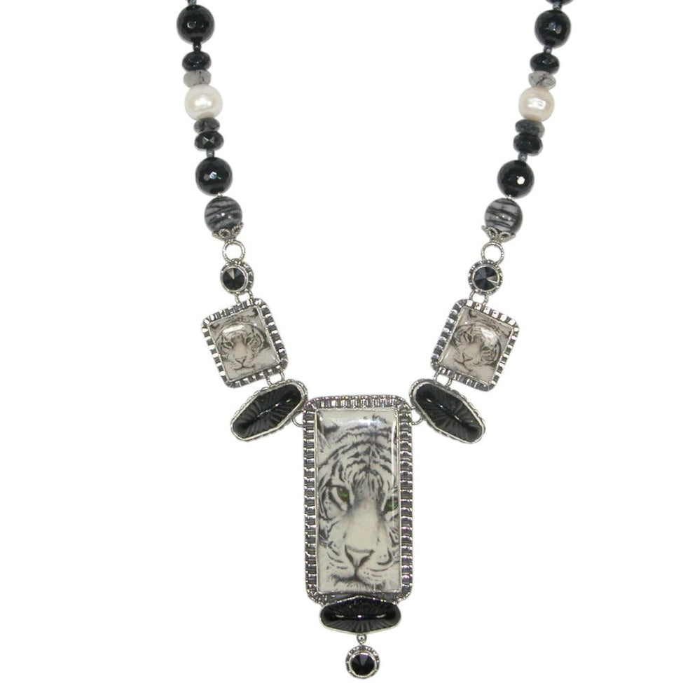 33647 Black and White Tiger Tile Sterling Silver Necklace