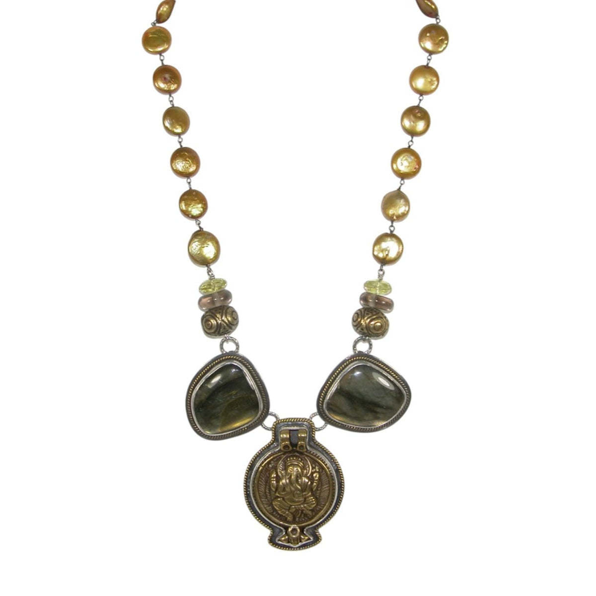 Labradorite and Freshwater Pearl Ganesha Sterling Silver Necklace