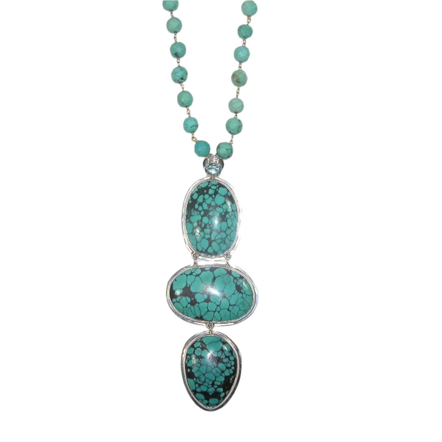 33656 Three Stone Turquoise, Blue Topaz Beaded Sterling Silver Necklace