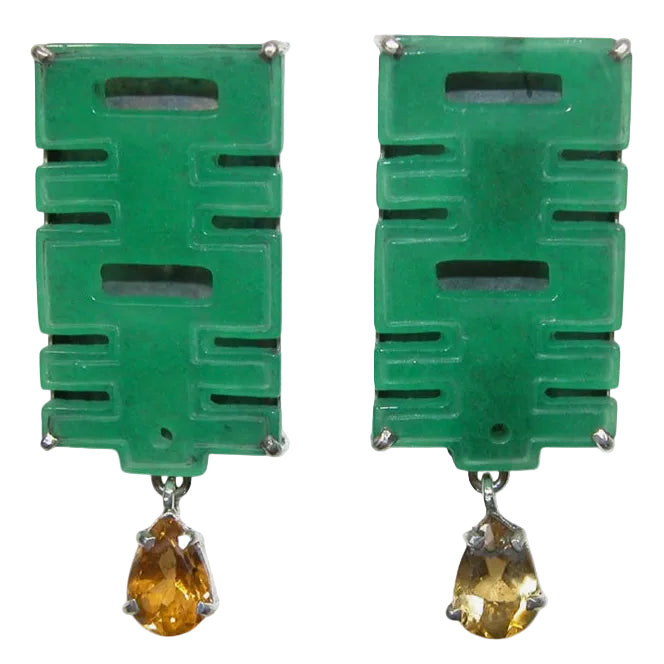 33887 Carved Green Quartz, Citrine Sterling Silver Earrings
