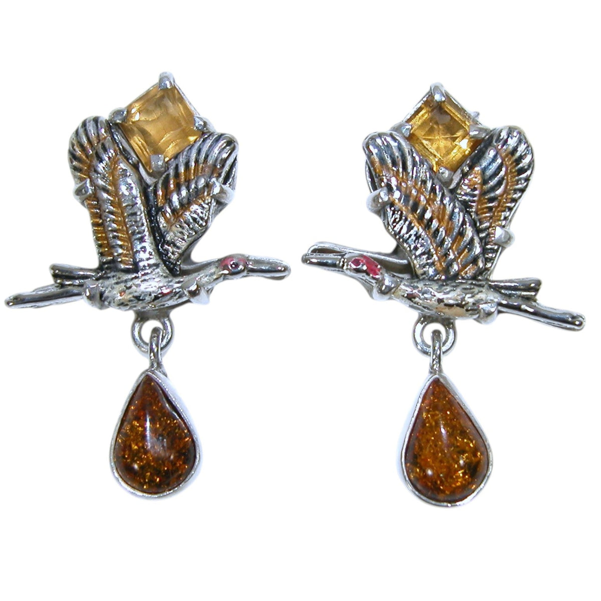 33888 Baltic Amber, Citrine, Hand-Enameled Crane Earrings