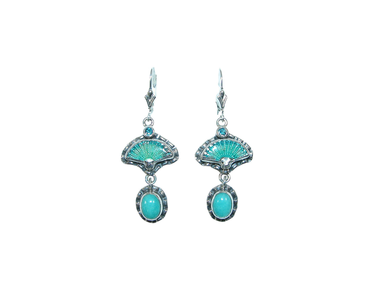 33891L Hand Enameled Fan, Amazonite, Sterling Silver Earrings