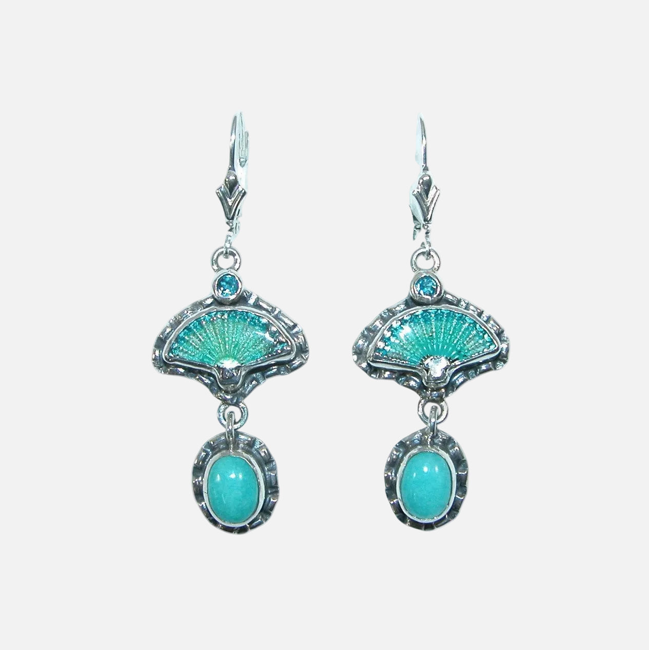 33891L Hand Enameled Fan, Amazonite, Sterling Silver Earrings
