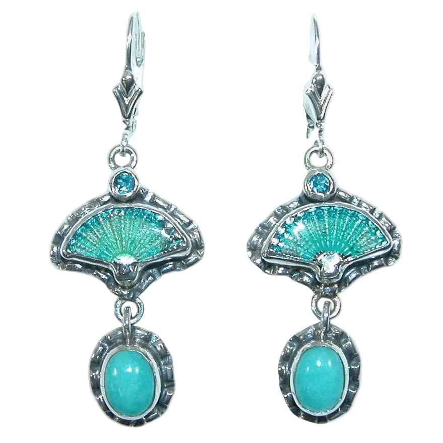 33891L Hand Enameled Fan, Amazonite, Sterling Silver Earrings