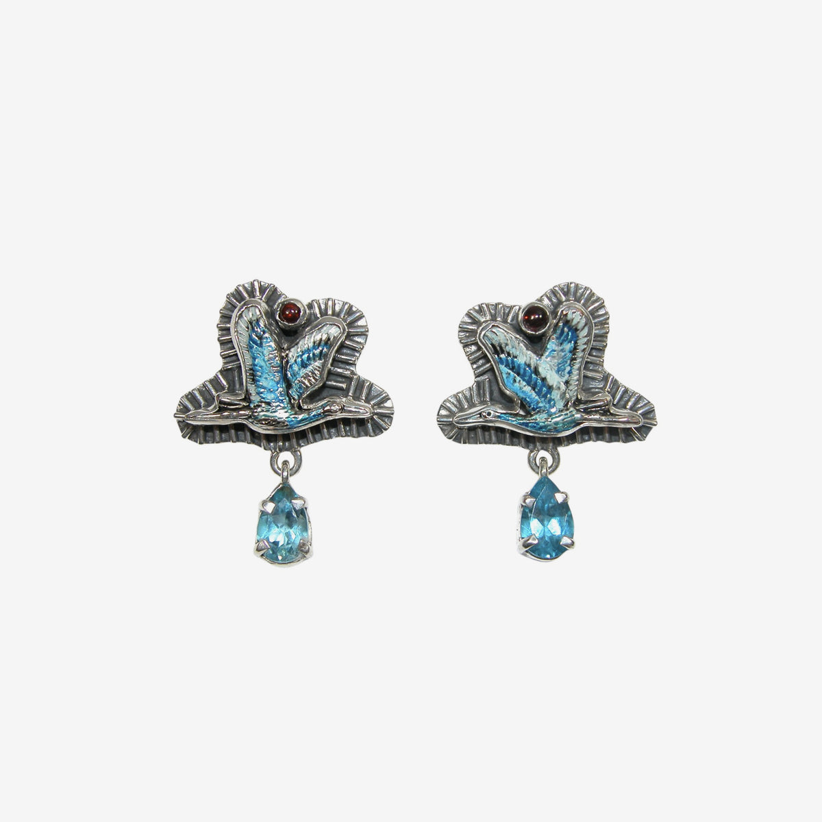 33895 Blue Topaz, Garnet, Crane Sterling Silver Earrings