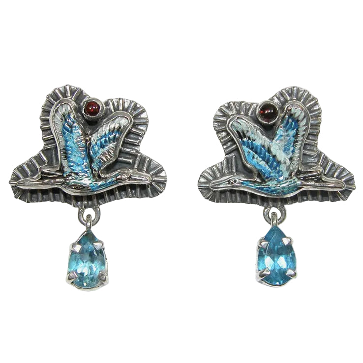 33895 Blue Topaz, Garnet, Crane Sterling Silver Earrings