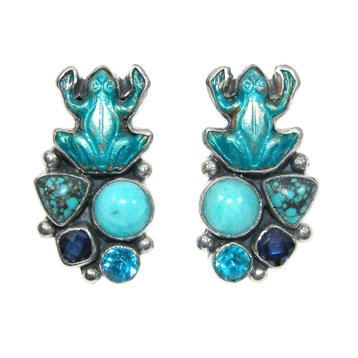 33909 Hand Enamel Frog Turquoise Onyx Topaz Sterling Silver Earrings