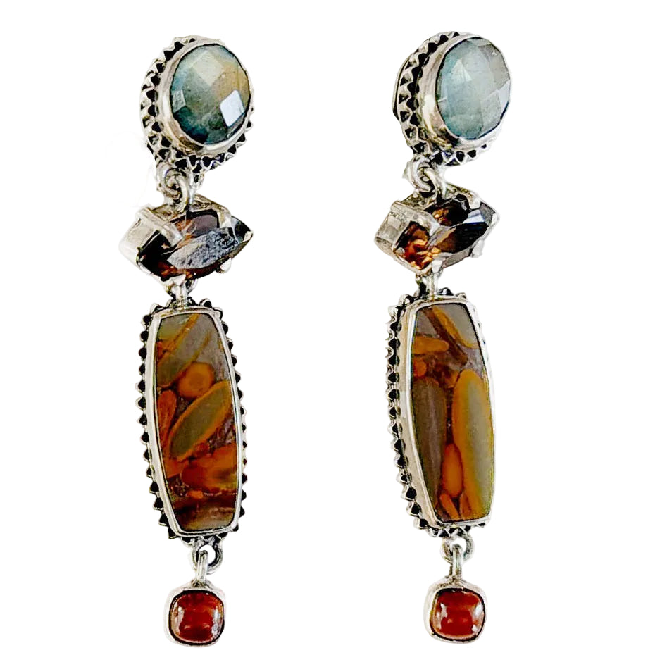 33916 Labradorite, Peanut Wood, Hessonite, Whiskey Topaz Earrings