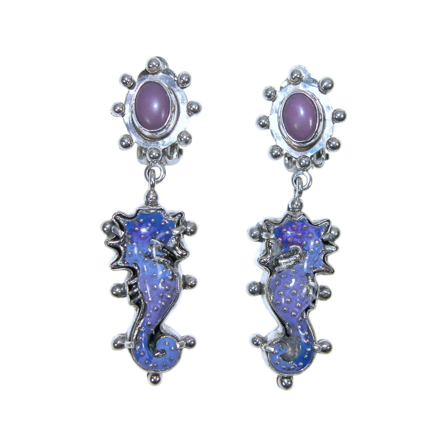 33918D Hand Enamel Purple Seahorse Sterling Silver Earrings